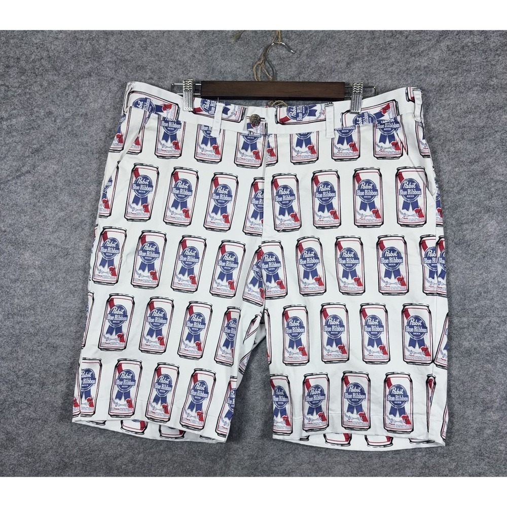 LoudMouth Golf Chino Shorts Mens 38 White Pabst Blue Ribbon Pockets 11" Inseam